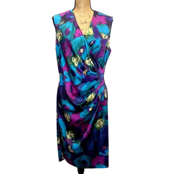 Lauren Ralph Lauren Satin‎ Drape Front Ruched Dress Floral Purple Teal Size 14 - Picture 1 of 6